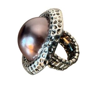 Oversized Round Hammered Ring Iridescent Pearl Like Center Adjustable Band Large